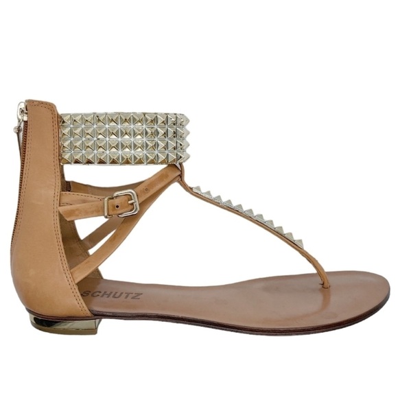 SCHUTZ Women’s Leather Atanado Soft Nuts Gold Tan Studded Flat Sandals 8.5 NWT - Picture 1 of 12